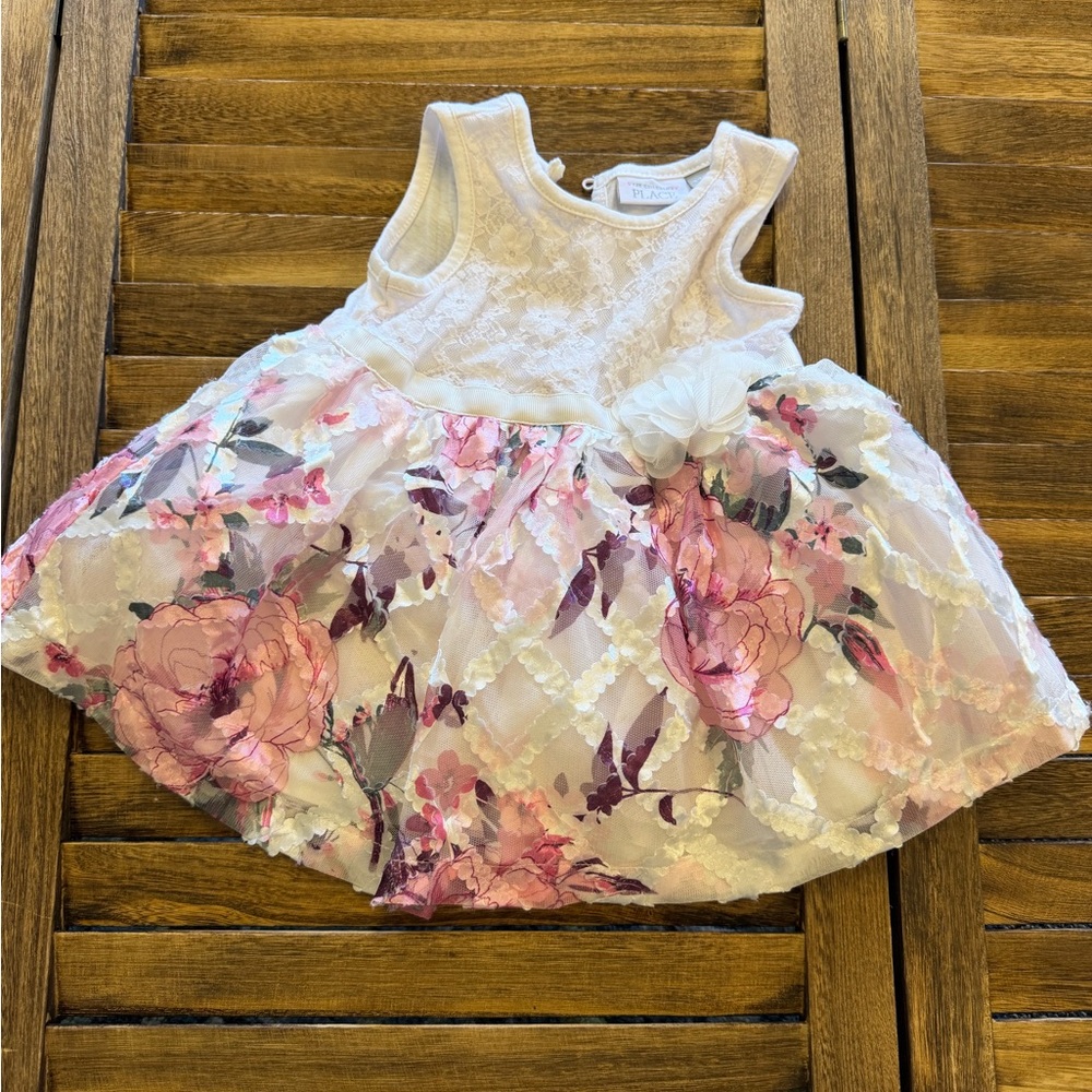 The Children's Place White Lace Dress with Pink Peony Floral Baby Girl 6-9 Month